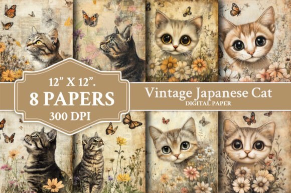 Charming Vintage Japanese Cat Backgrounds for Creative Projects